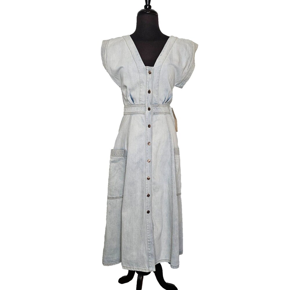 HAPPY x NATURE Kate Hudson Light Wash Denim Midi Dress 2 Pockets Prairie Boho